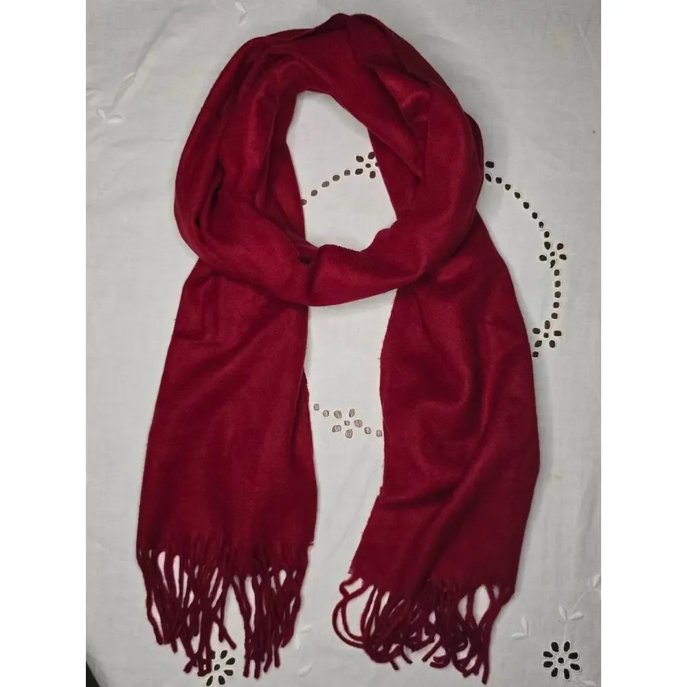 Red Cashmink Scarf Fringe Quiet Luxury Old Money Winter Holiday 64x13